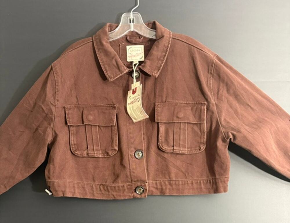 NWT Stoosh Vintage Denim XL Brown Cropped Cotton Utility Chore Jacket Y2K
